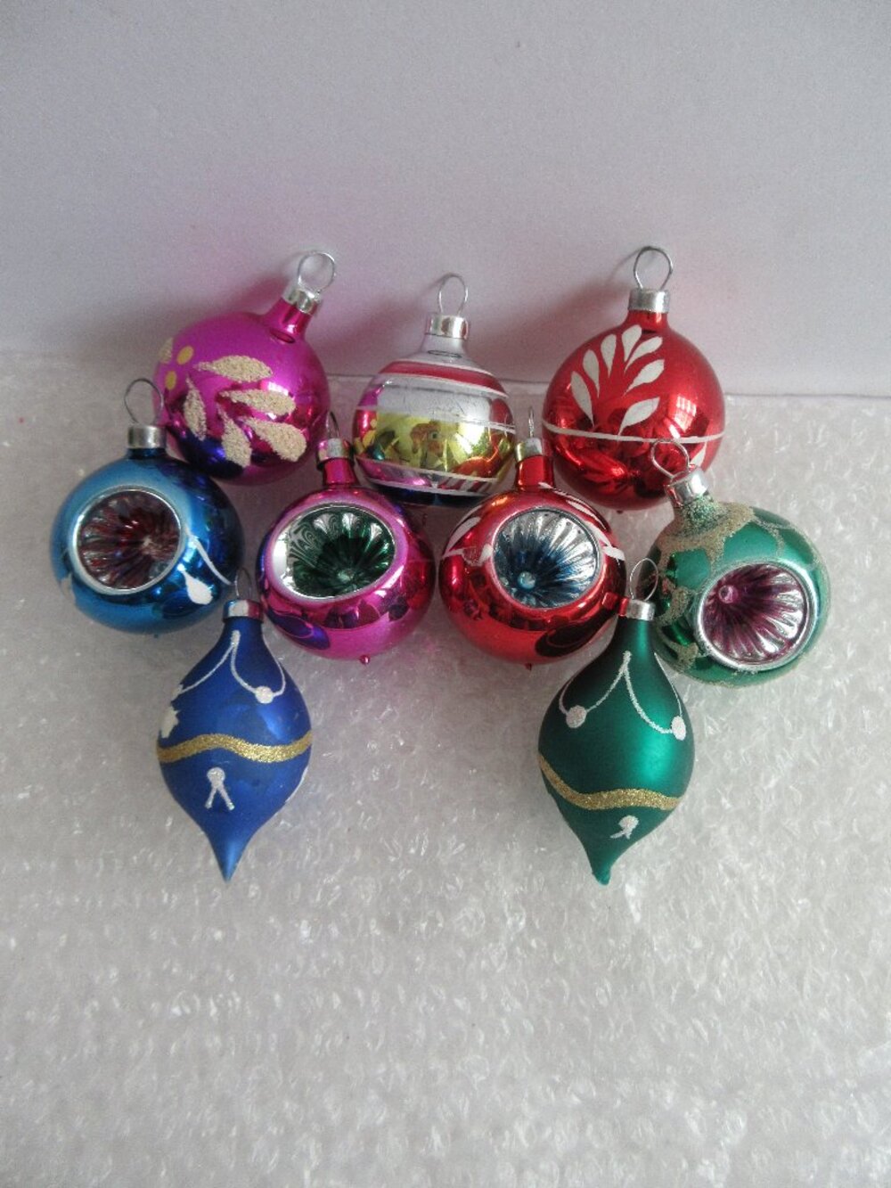 9 Bradford Glass Mini Christmas Ornaments Indents, Teardrops, Stencil Vintage